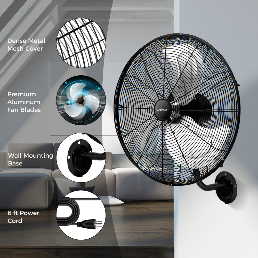 20-inch wall mount fan in black with adjustable tilt head, 3 speeds, and premium aluminum blades for efficient air.