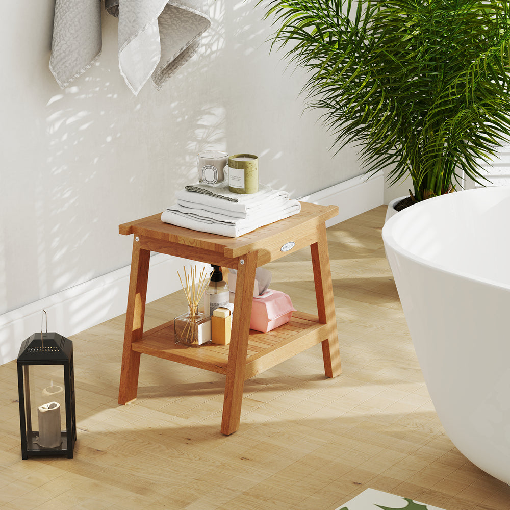 Teak wood shower bench with curved seat design and storage shelf, perfect for a stylish bathroom or entryway setup.