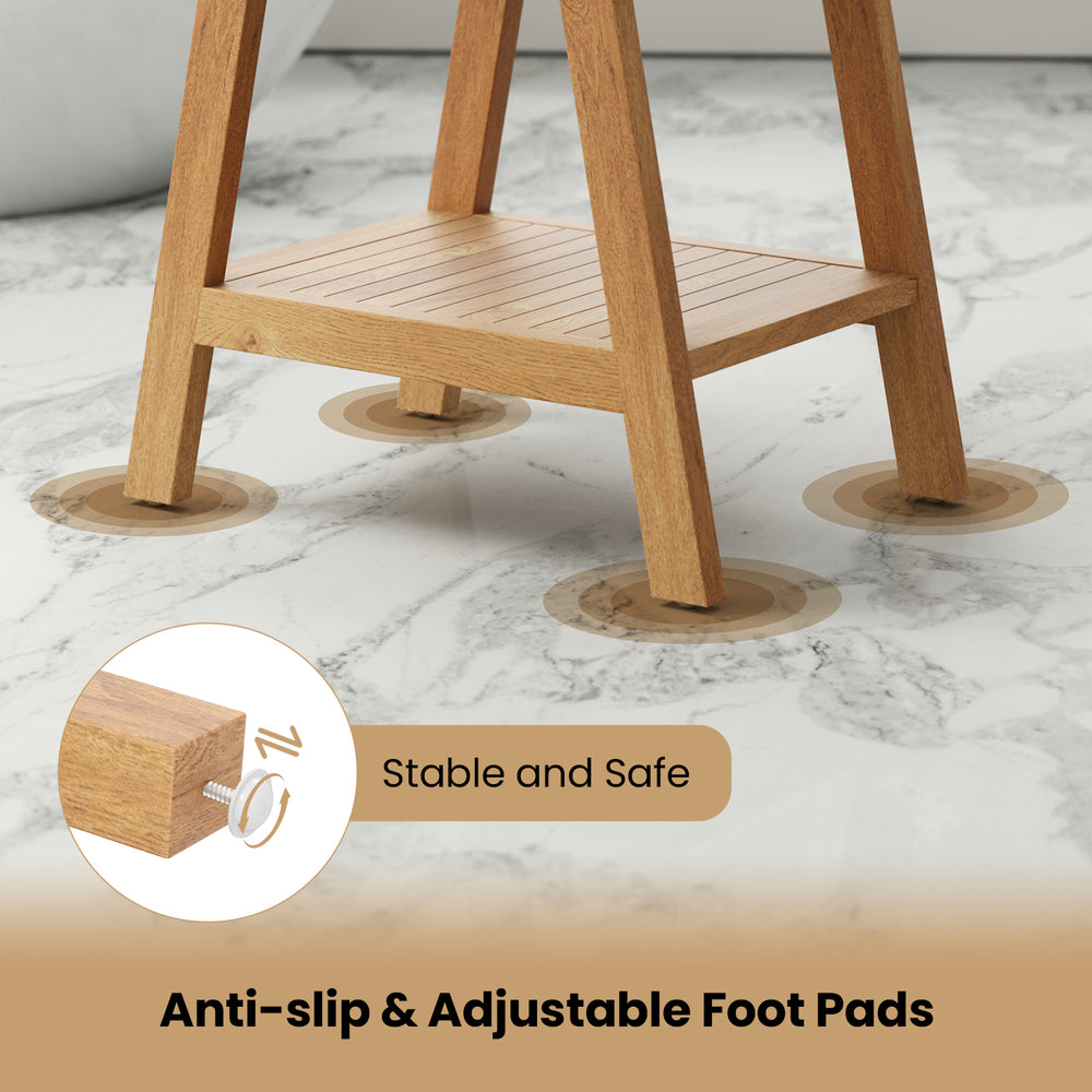 Teak wood shower bench with adjustable foot pads, slatted design for drainage, ideal for shower supplies and comfort.