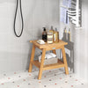 Teak wood shower bench with storage shelf, slatted design, and adjustable foot pads for stability in the bathroom.