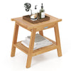 Teak wood shower bench with storage shelf, slatted design, and adjustable foot pads for stability and comfort.
