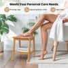 Teak wood shower bench with storage shelf, ideal for shaving legs and applying lotion, featuring a curved seat design.