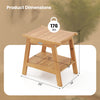 Teak wood shower bench with storage shelf, featuring a slatted design and adjustable foot pads for stability.