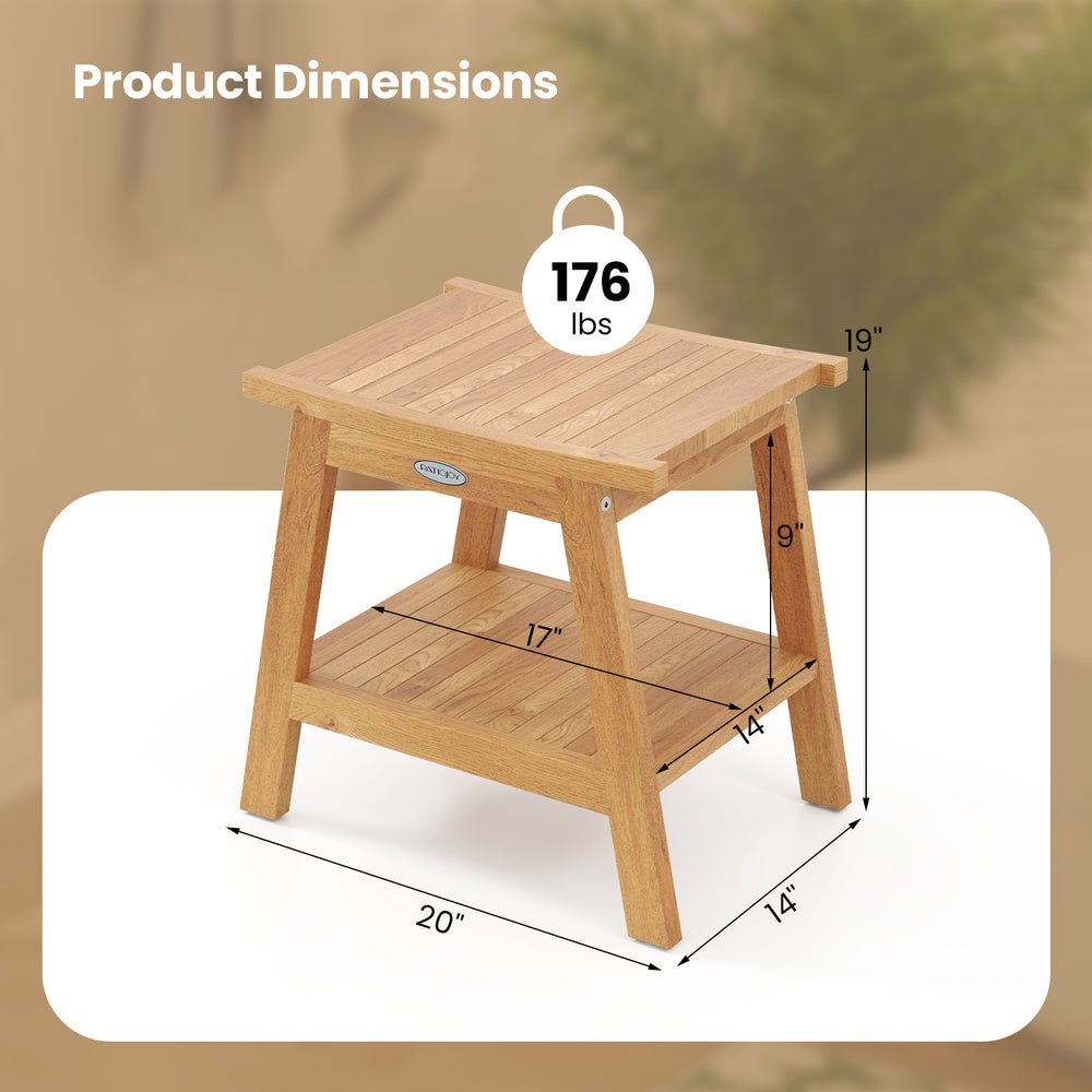 Teak wood shower bench with storage shelf, featuring a slatted design and adjustable foot pads for stability.