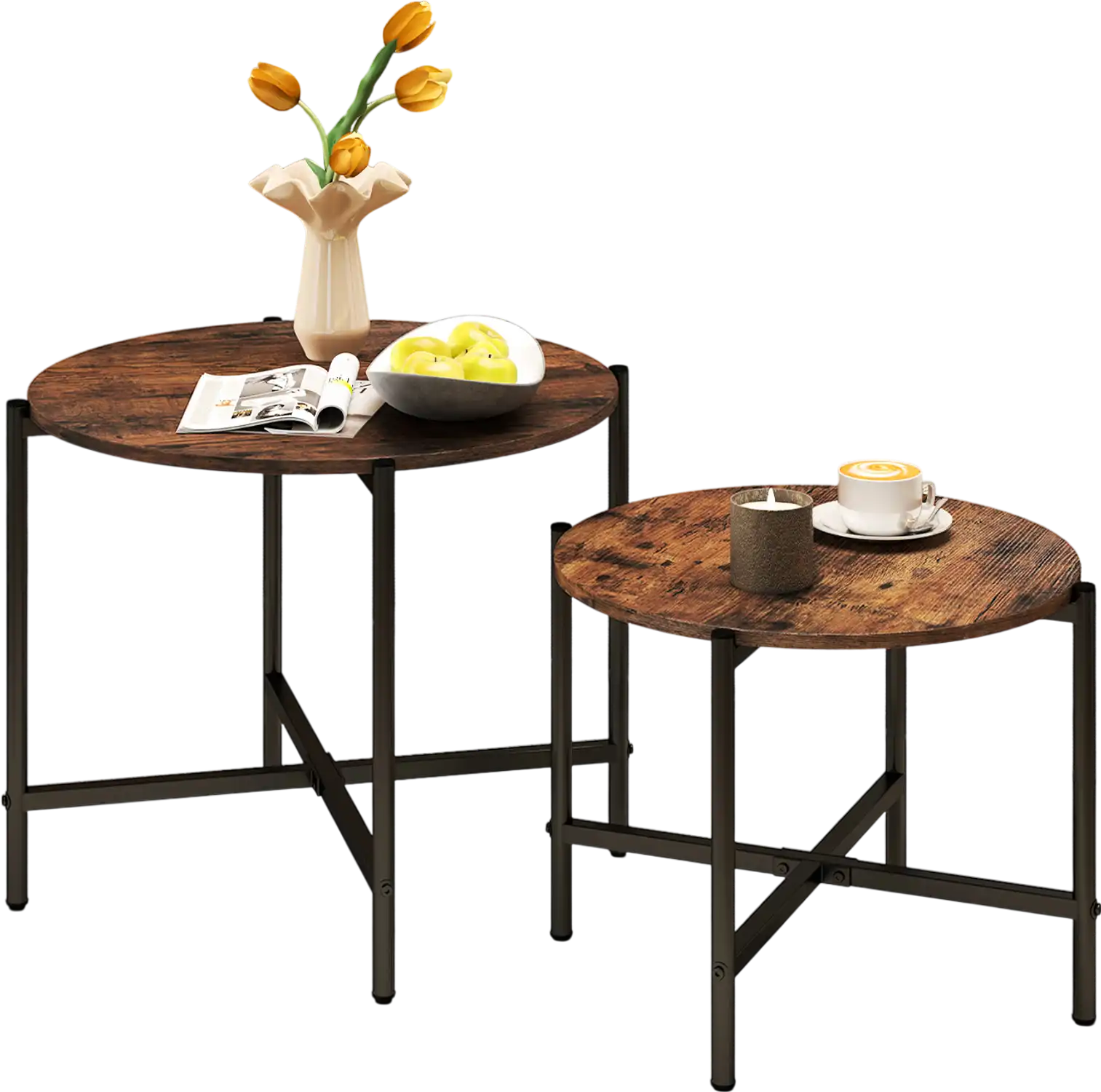 Costway Round Coffee Table Set of 2 Rustic Brown Metal Frame 127654938 New