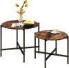Rustic brown round coffee table set of 2 with heavy-duty metal frame, designed for nesting and space-saving in any room.