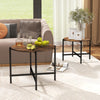 Rustic brown round coffee table featuring a smooth surface and X-shaped metal frame, suitable for stylish storage and.