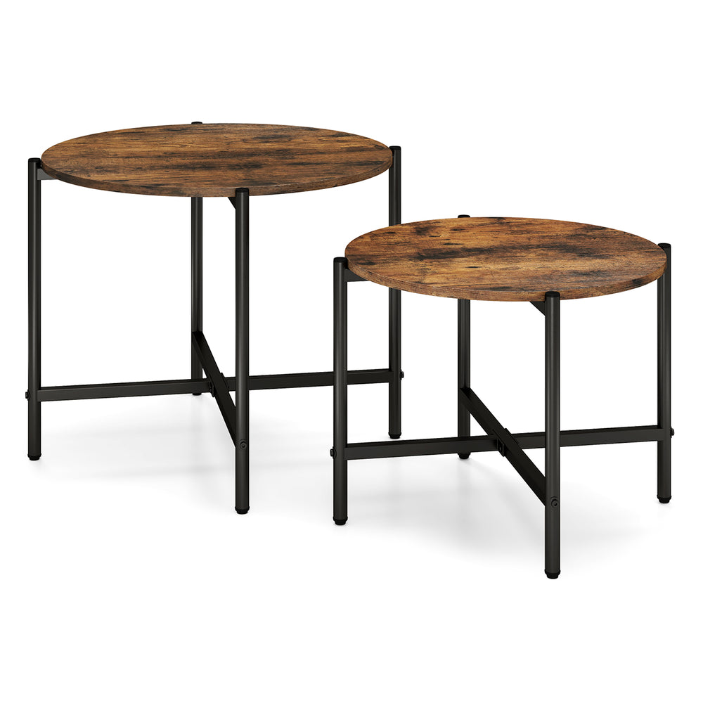 Round coffee table set of 2 with rustic brown tops and heavy-duty metal frame, ideal for living room or balcony use.