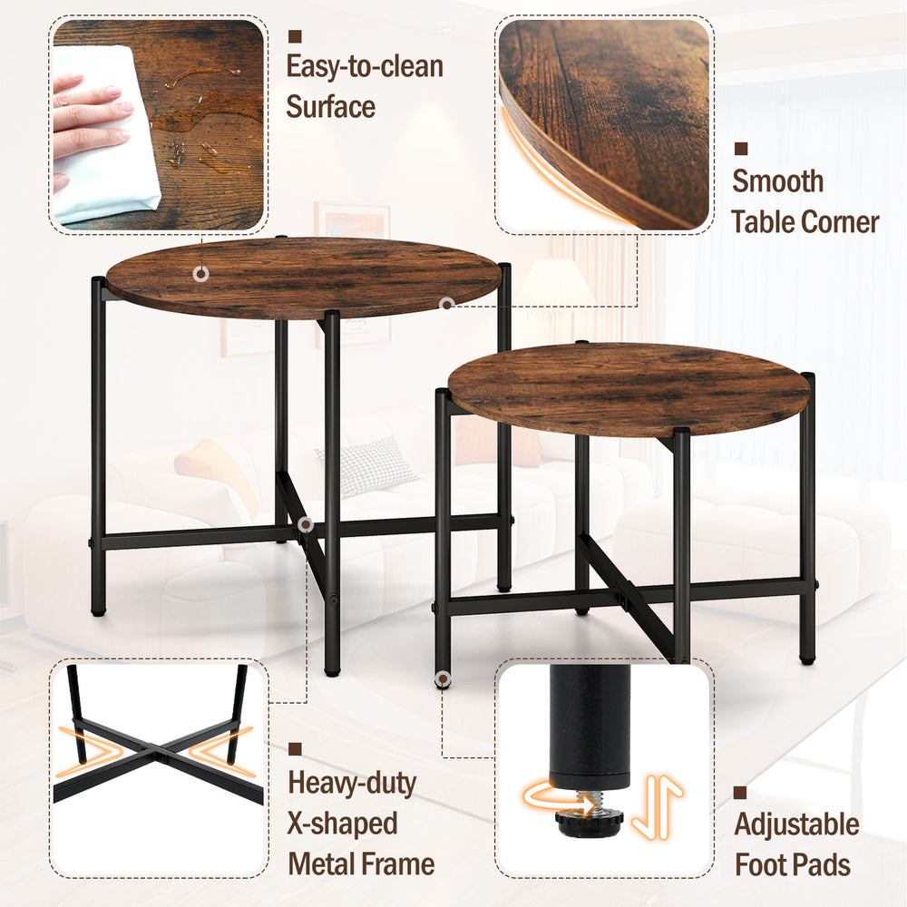 Rustic brown round coffee table with a heavy-duty metal frame, featuring adjustable foot pads for added stability.