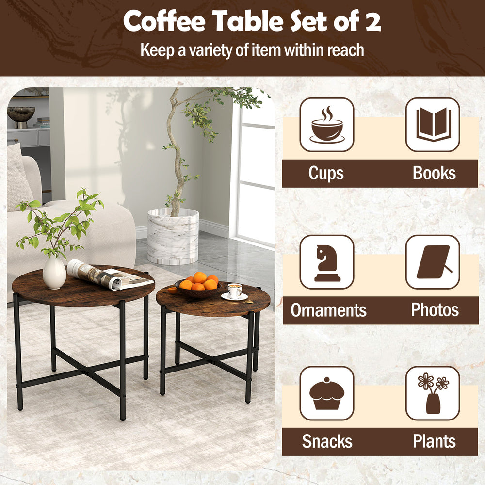 Single rustic brown round coffee table with heavy-duty metal frame, ideal for storing snacks, books, and plants.