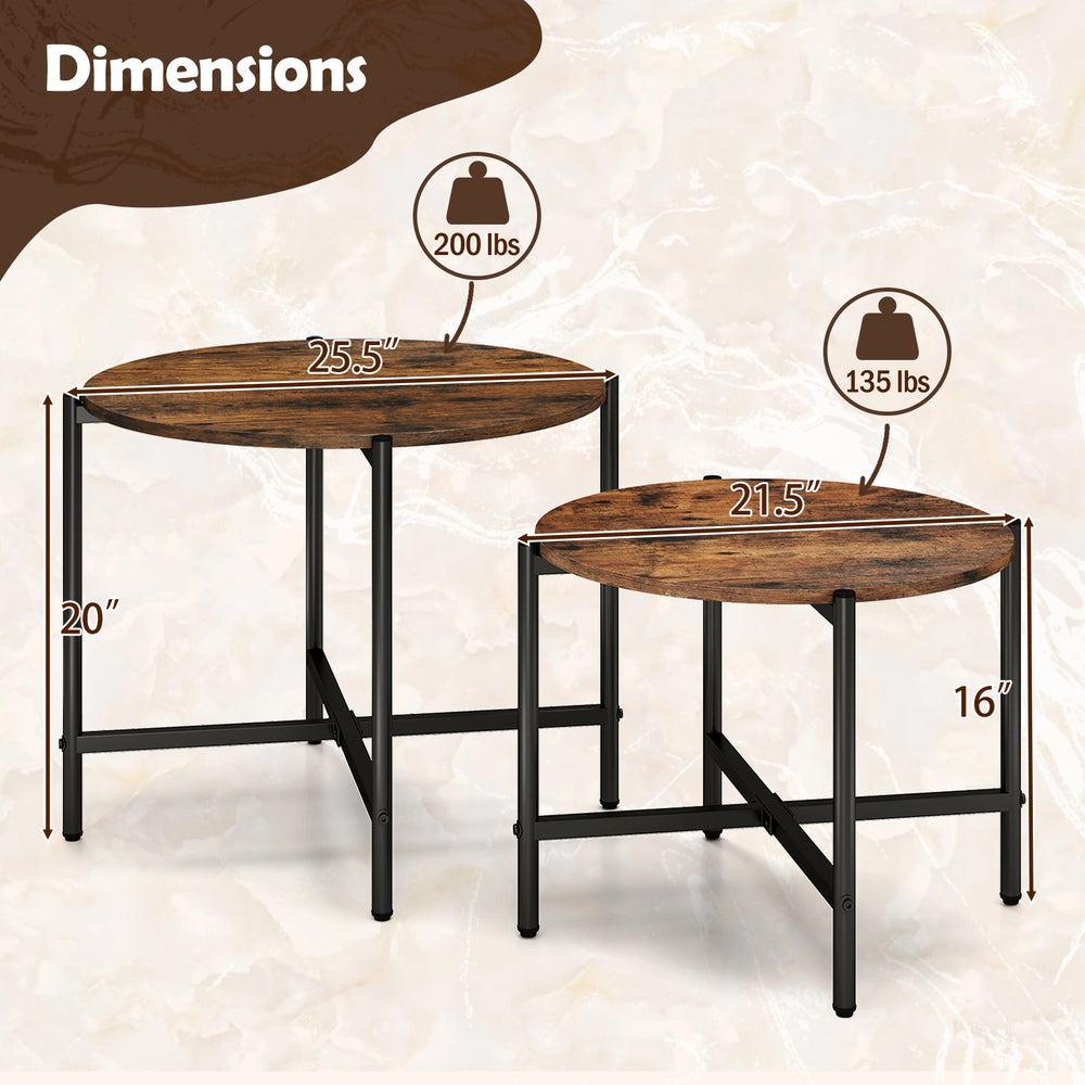 Dimensions of round coffee table set of 2 in rustic brown, featuring heavy-duty metal frame for reliable support.