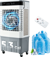 Evaporative air cooler with 5.3 Gal tank, 2100 CFM airflow, and remote control for efficient indoor and outdoor cooling.