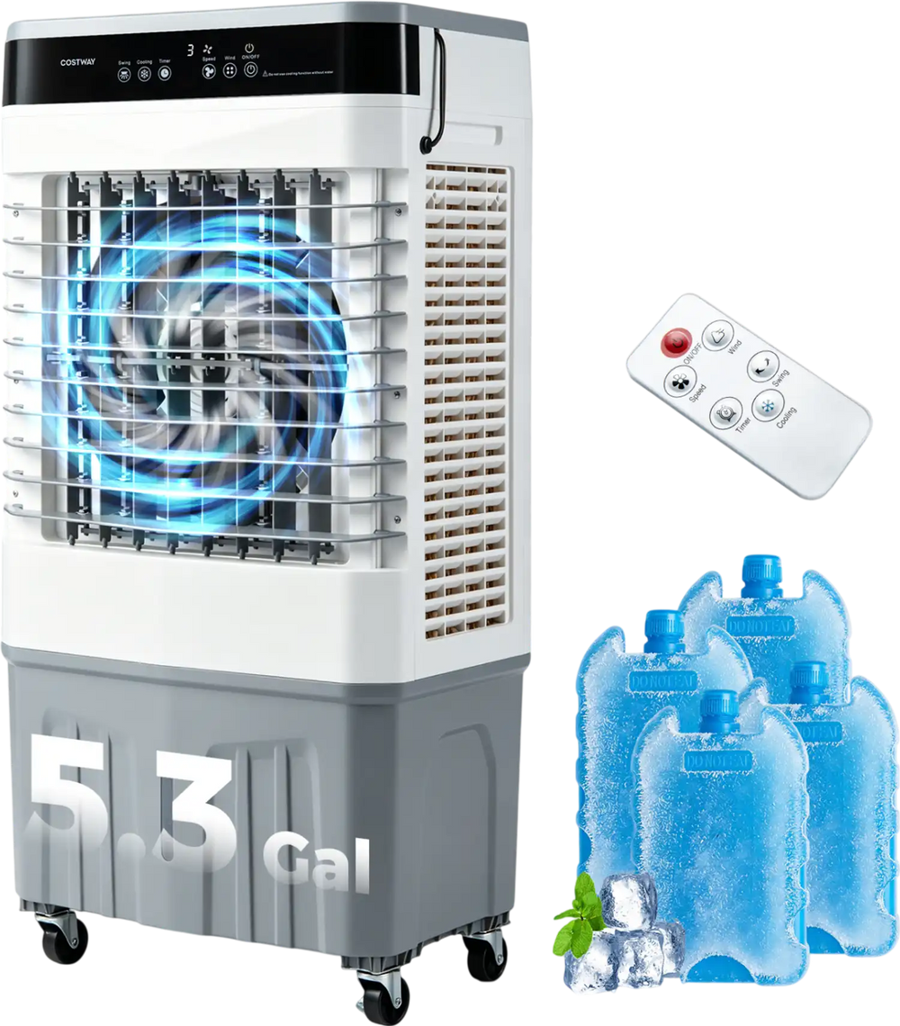 Evaporative air cooler with 5.3 Gal tank, 2100 CFM airflow, and remote control for efficient indoor and outdoor cooling.