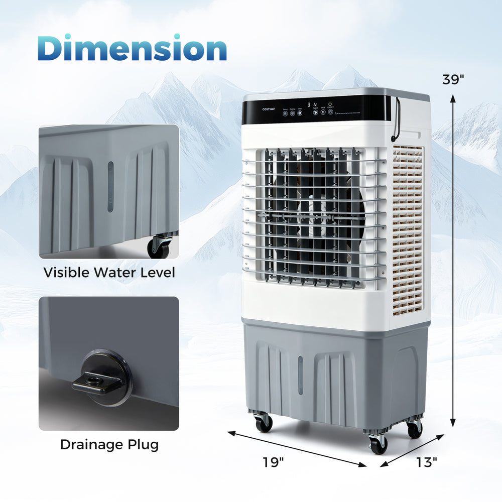 2100 CFM evaporative air cooler in white features a 5.3-gallon water tank and universal wheels for easy mobility.