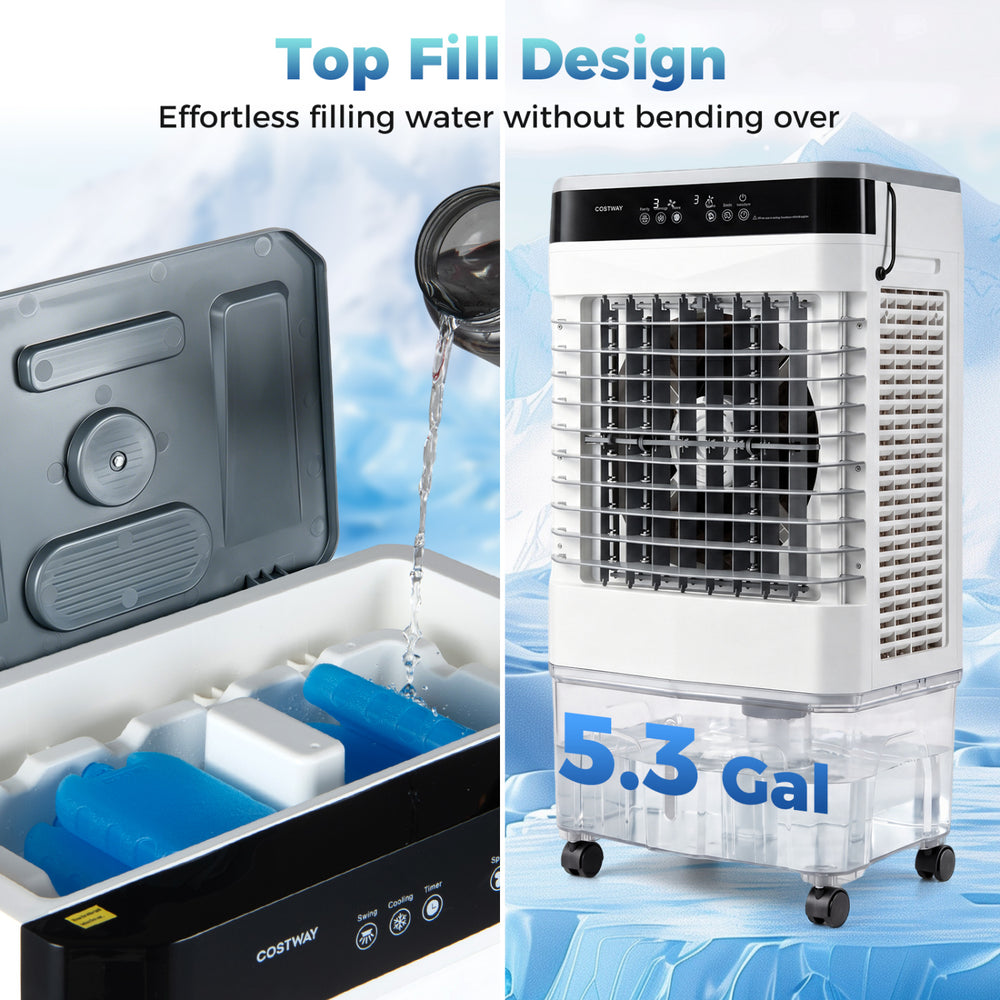 Top fill design of the 2100 CFM evaporative air cooler allows effortless water refills for continuous cooling.