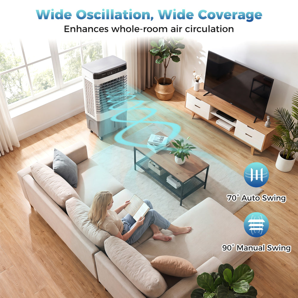 Evaporative air cooler with 2100 CFM airflow, 5.3-gallon tank, and wide oscillation for efficient whole-room cooling.