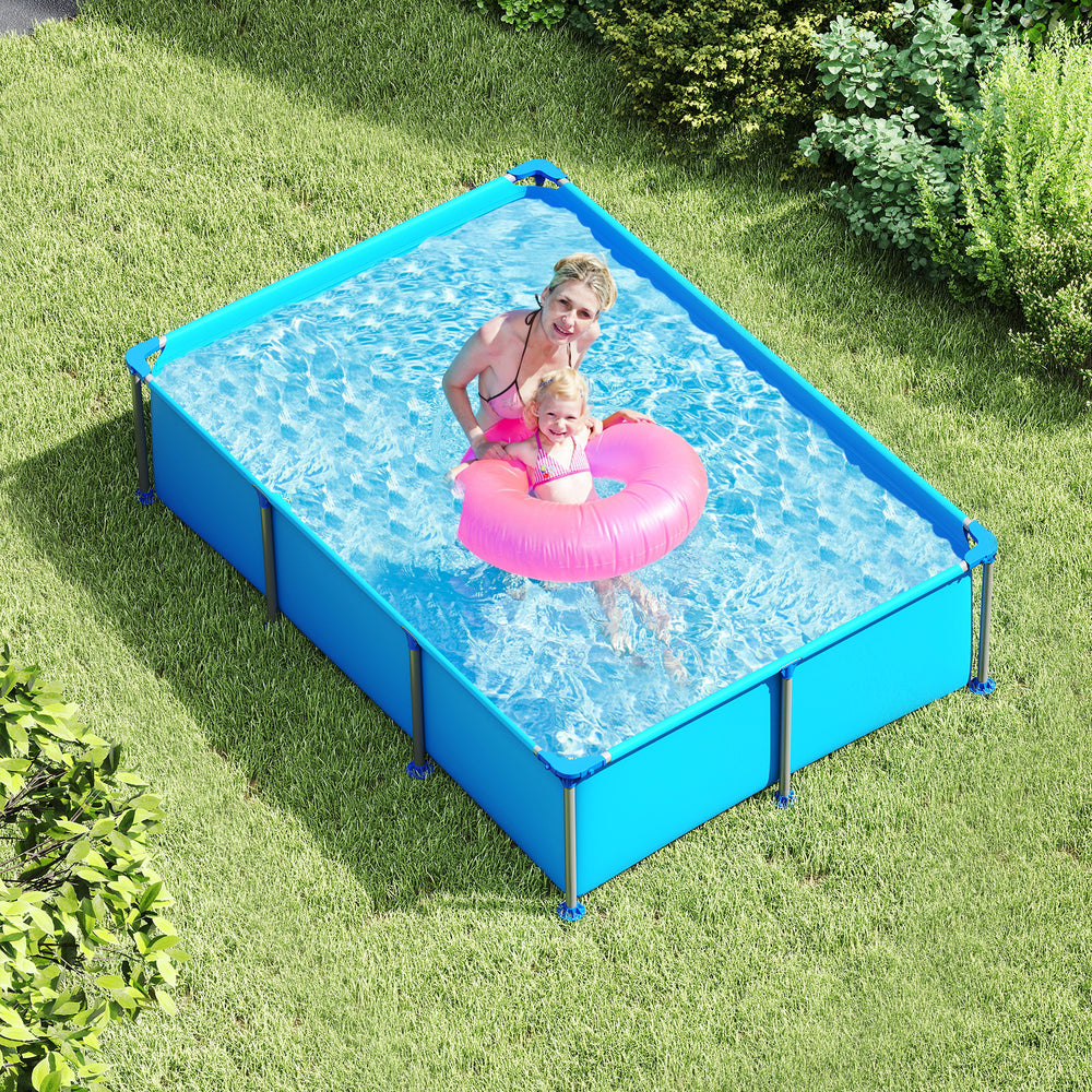 6 ft outdoor family swimming pool with metal frame, featuring bottom drain hole and safety foot pads for backyard.