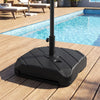 Fillable patio umbrella base with wheels, telescopic pull rod, and wood-grain finish for stability by the pool.