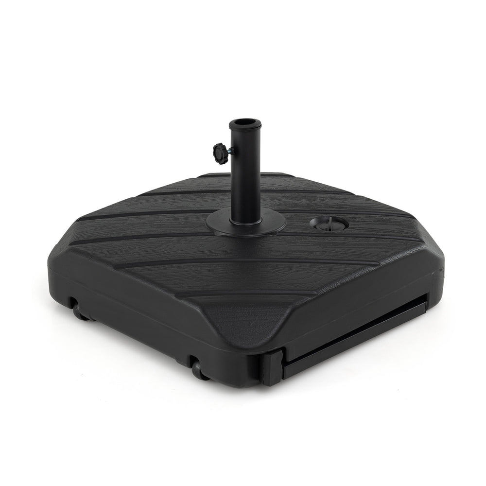 Fillable 211 LBS patio umbrella base with wheels, telescopic pull rod, and wood-grain finish for stability and elegance.