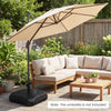 Patio umbrella base with wheels and telescopic pull rod, featuring a wood-grain finish for elegant outdoor use.