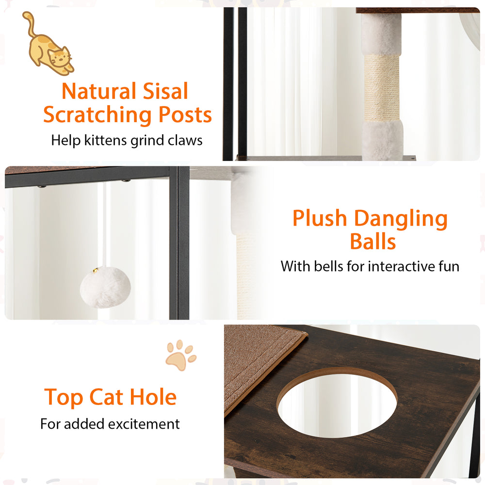 Natural sisal scratching posts on a 52-inch tall wooden cat tree with plush dangling balls for interactive play.