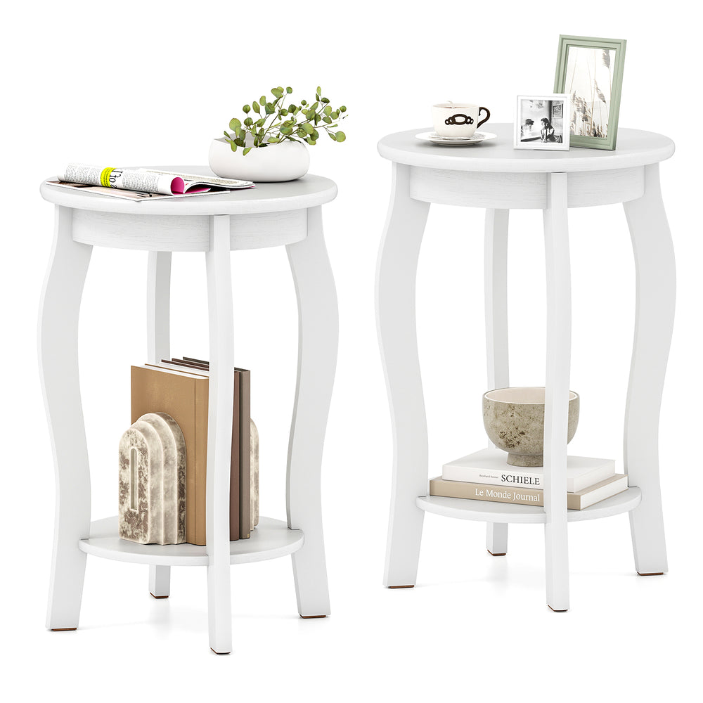 Set of 2 white 15-inch round end tables with 2-tier storage shelves, perfect for living room or bedroom organization.