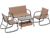 4-piece patio furniture set featuring breathable mesh fabric, rocking chairs, and a rustic wood-like coffee table for.