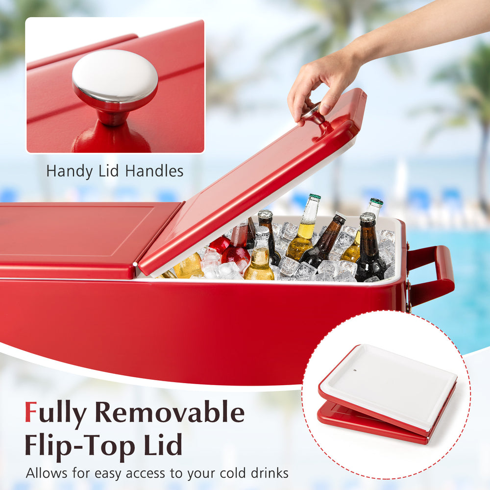 Portable red patio cooler with removable flip-top lid, 80-quart capacity, and bottle opener for easy drink access.