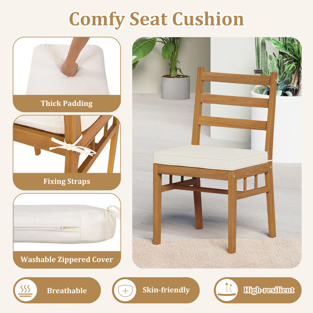 Padded seat cushion with fixing straps for outdoor wooden dining chair set, crafted from durable acacia wood.