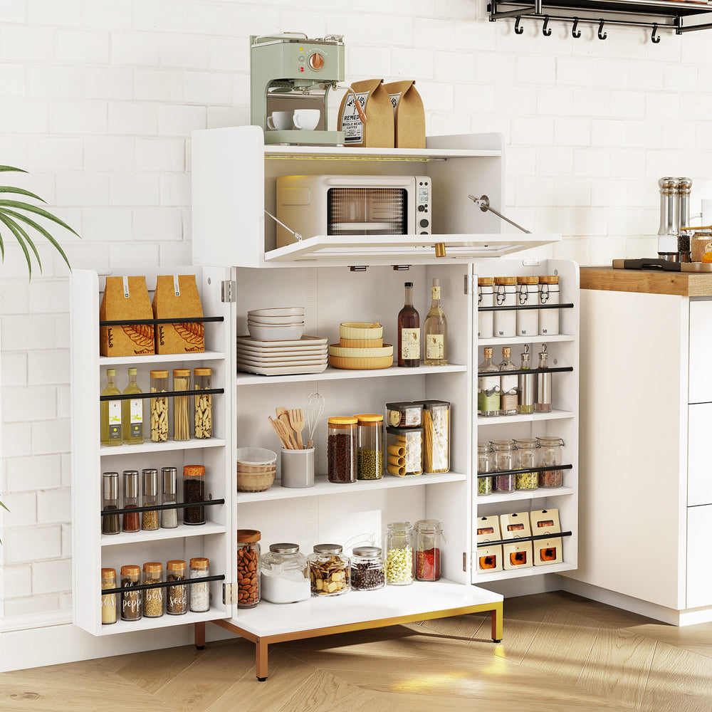 Freestanding white kitchen pantry cabinet with LED light, multiple shelves, and clear acrylic door for organized food.