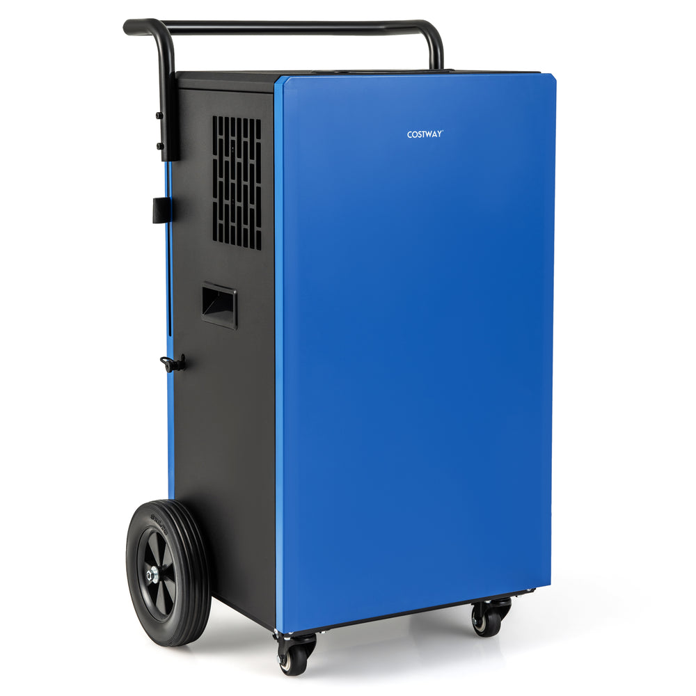 Commercial dehumidifier in blue, 215 pints capacity, with wheels and handle for easy mobility, ideal for home and.