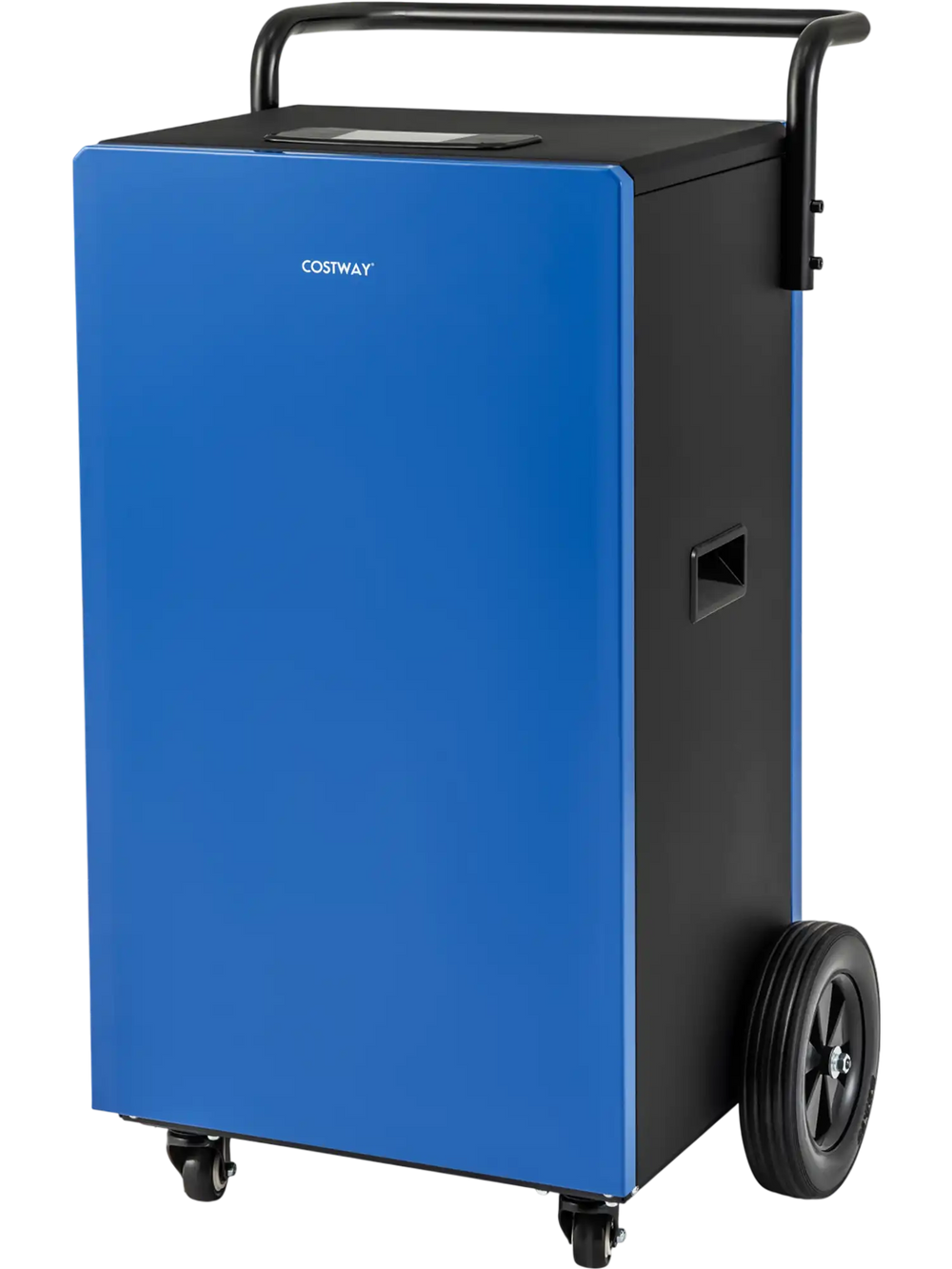 Blue commercial dehumidifier with wheels, 215 pints capacity, digital display, ideal for home and basement use.