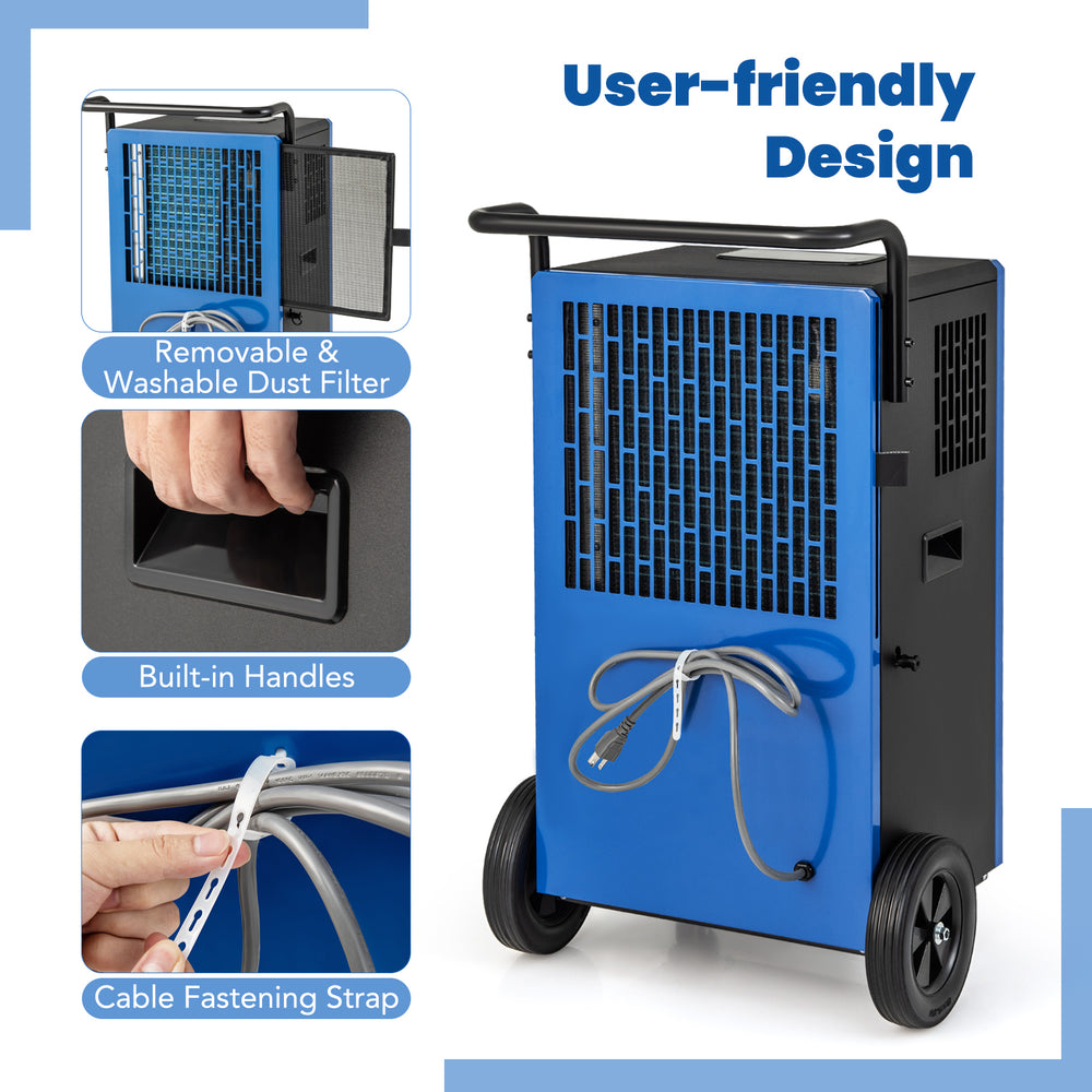 Commercial dehumidifier with a blue design, featuring a removable filter, built-in handles, and wheels for easy.