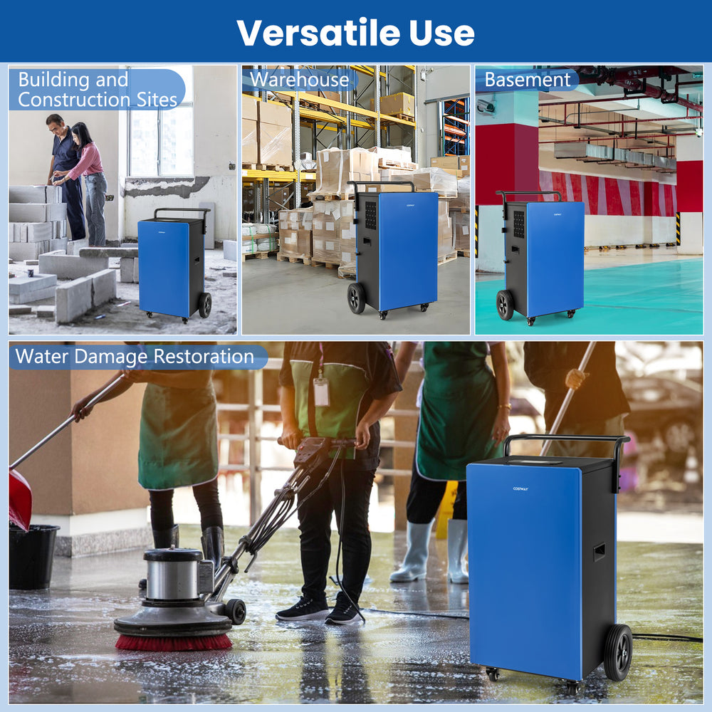 Commercial dehumidifier in blue, designed for efficient water removal in warehouses, basements, and construction sites.