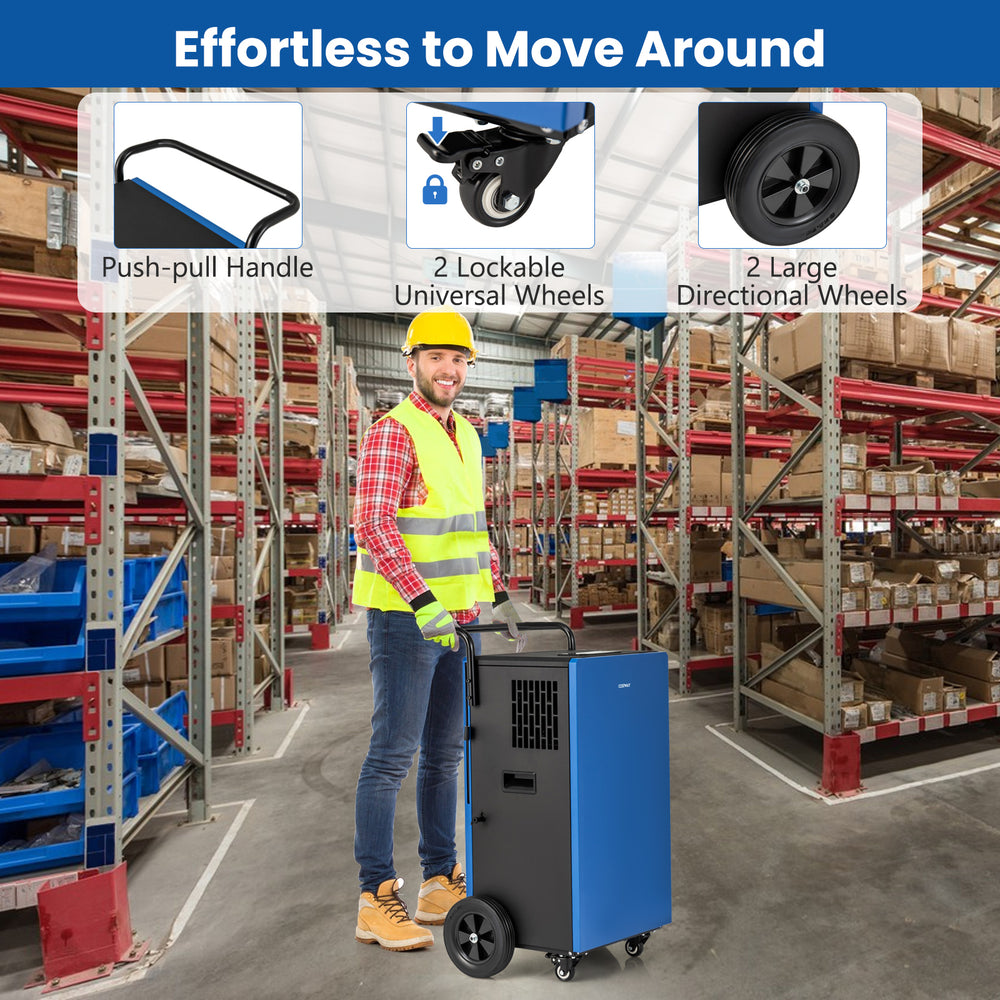 Commercial dehumidifier with wheels and handle, efficiently removes 215 pints of moisture daily for industrial use.