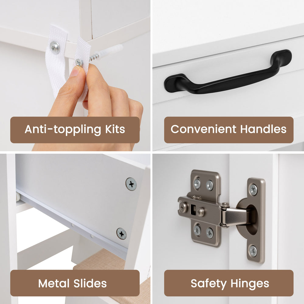 Close-up of the vanity set's safety hinges and convenient handles, showcasing quality features for easy use and.