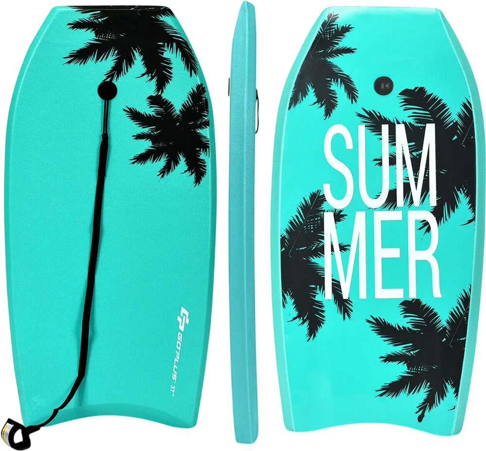 Lightweight 33 Inch bodyboard in turquoise with palm design, featuring EPS core and leash for safe summer surfing.