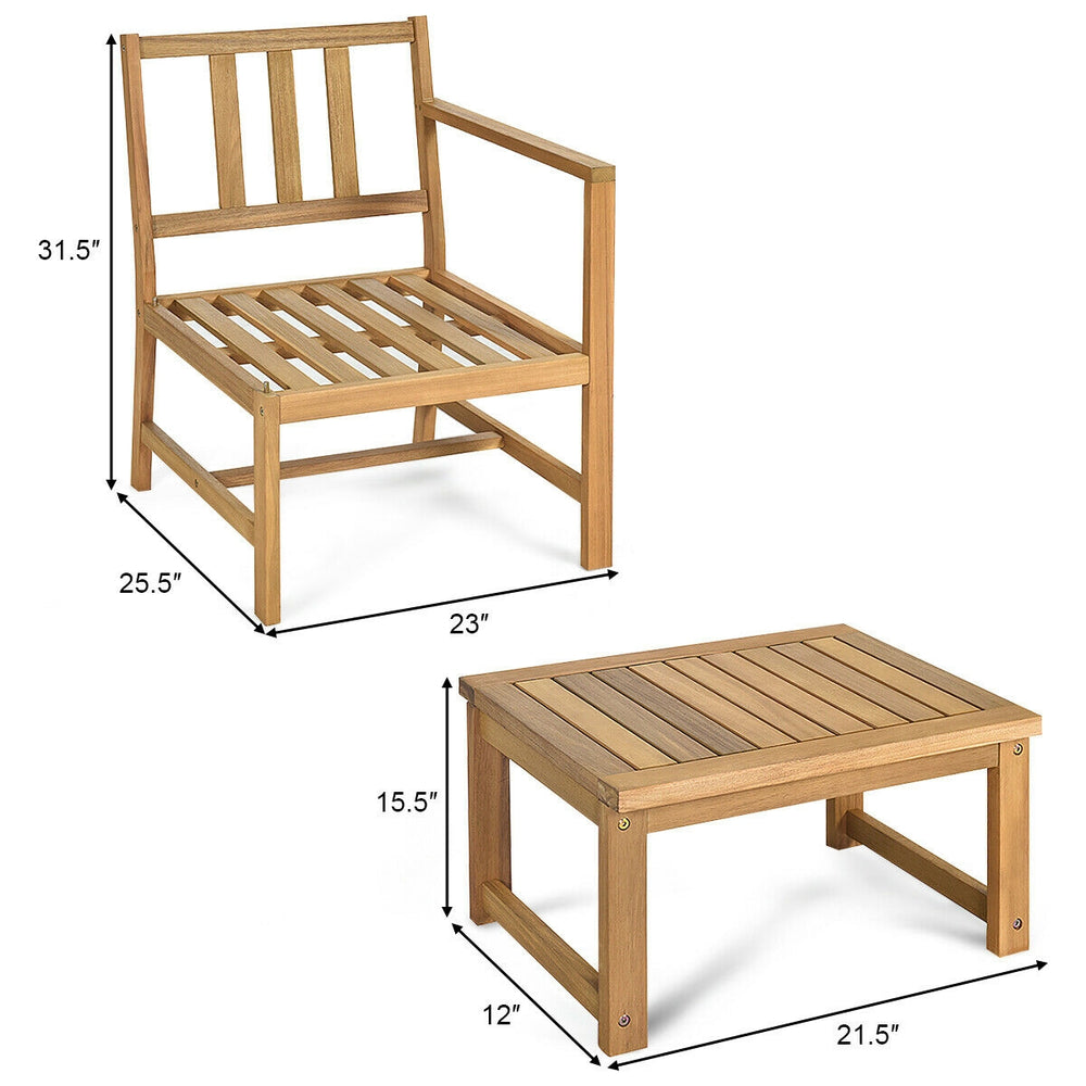 Acacia wood loveseat with separable coffee table, featuring thick cushions for comfort, ideal for outdoor relaxation.