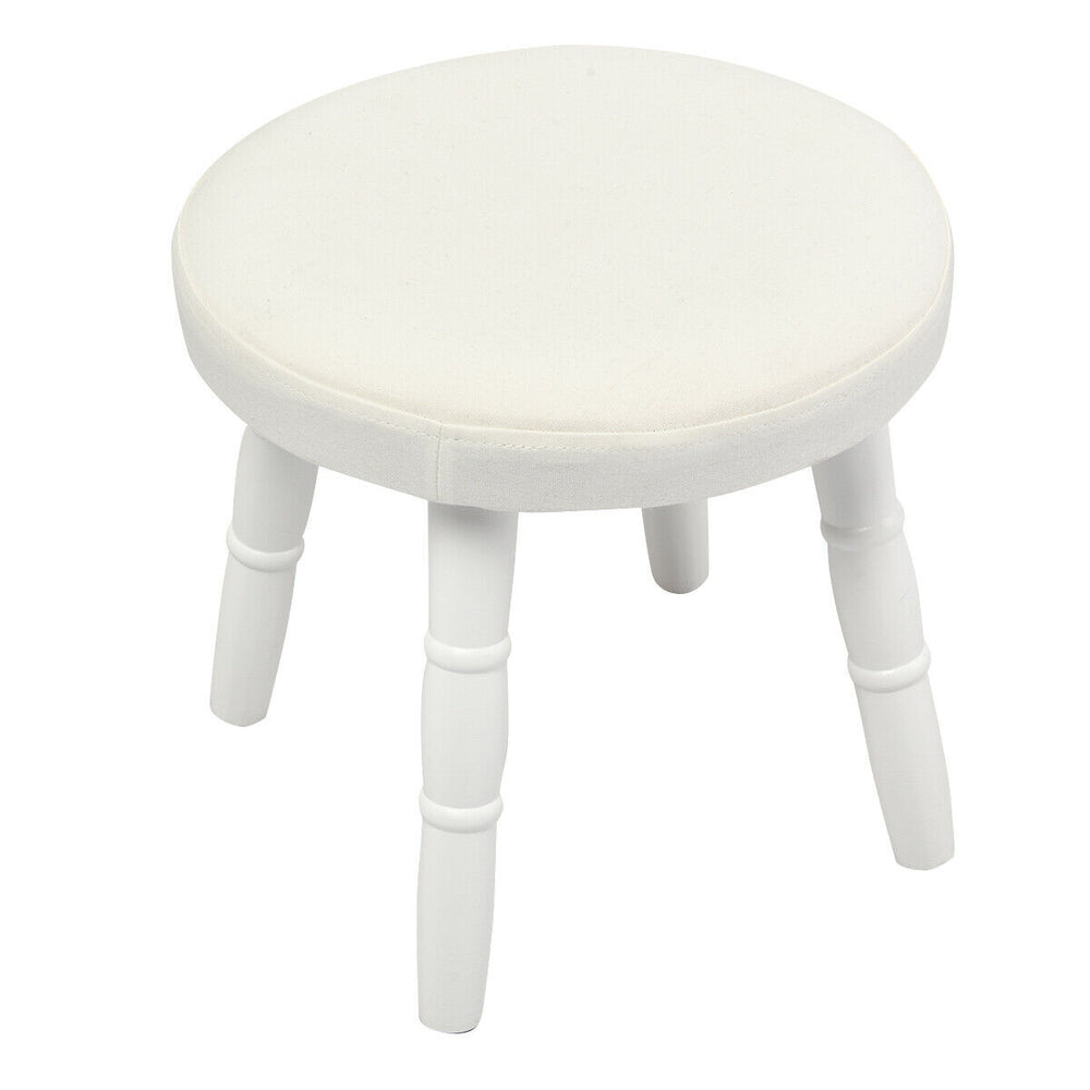 Round white kids' vanity stool with thick cushion, made of pinewood and density board, perfect for children's bedrooms.