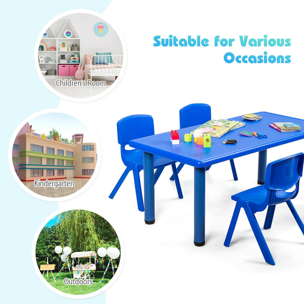 Blue kids plastic rectangular table designed for daycares and kindergartens, weather-resistant for indoor and outdoor.