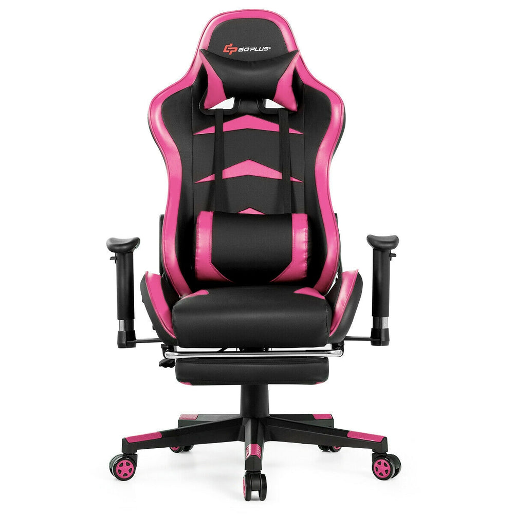 Massage gaming chair in pink with adjustable armrests, reclining backrest, and retractable footrest for ultimate.