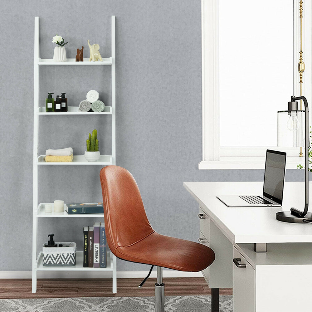 5-tier white wall-leaning ladder shelf with sturdy design, perfect for displaying plants and books in any room.