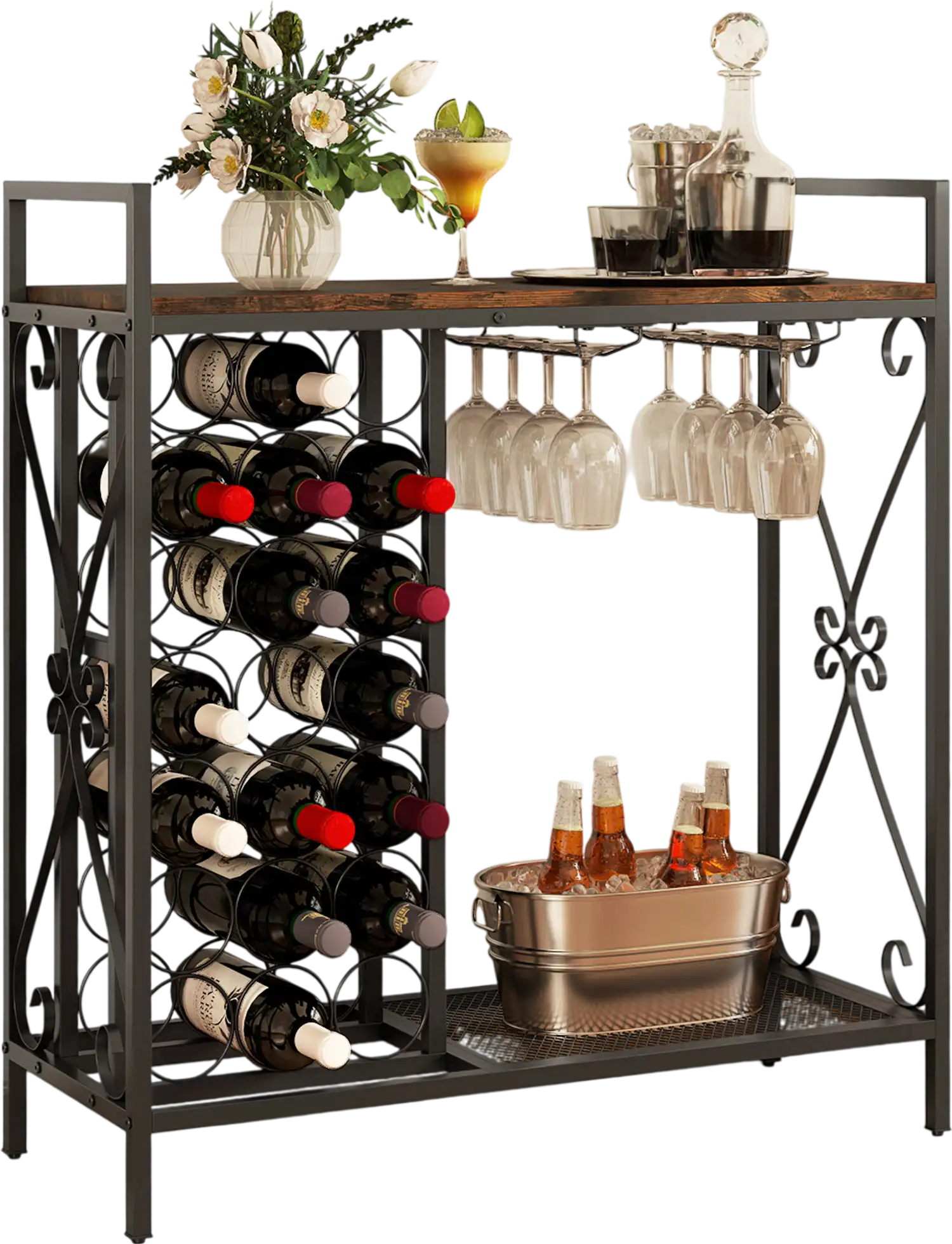 Costway 21 Bottle Freestanding Floor Wine Rack Organizer w/ Glass Holder Rustic Brown 172538694 New