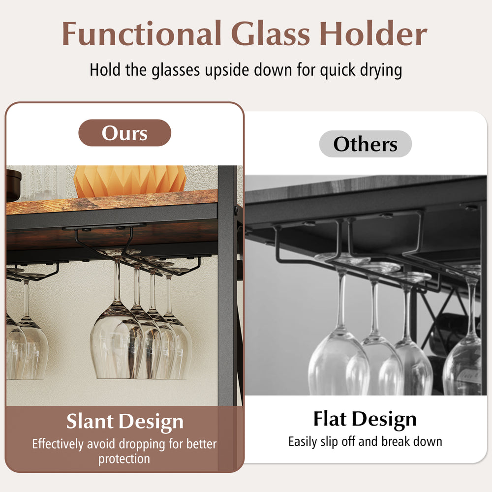 Freestanding wine rack with 21 bottle holders and slant glass holders for 6 glasses, ideal for dining room or kitchen.