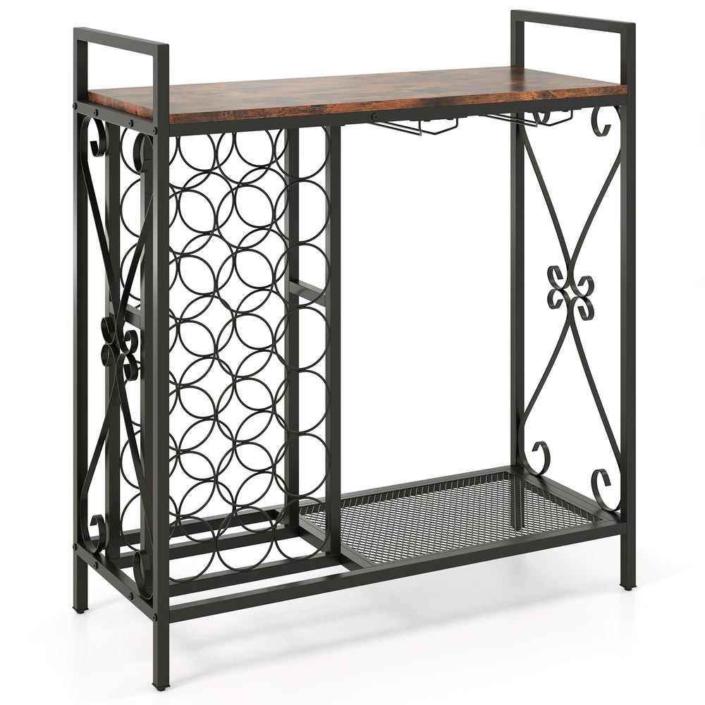 Freestanding 21 bottle wine rack with rustic brown wood top, metal frame, and glass holder for dining room or kitchen.