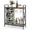 Freestanding wine rack with rustic brown finish, holding 21 bottles and 6 glasses, ideal for dining room or kitchen.