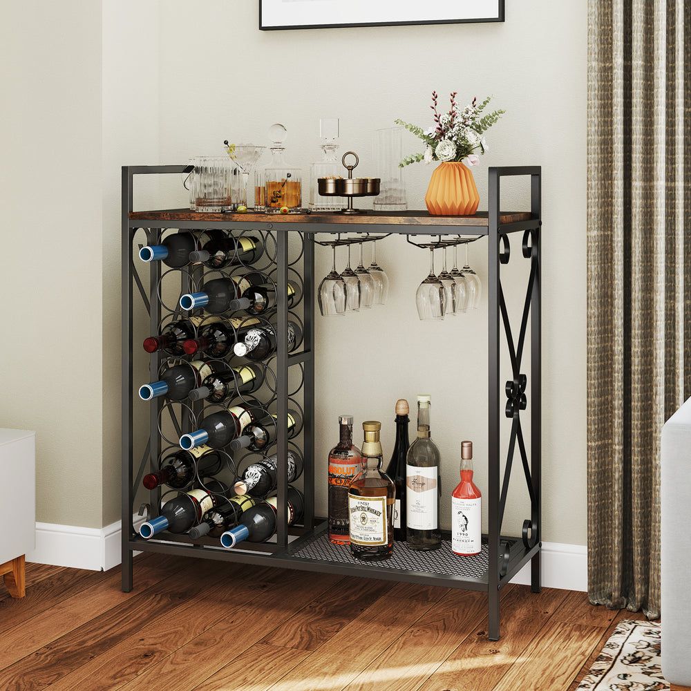 Freestanding wine rack in rustic brown with 21 bottle holders, glass holder, and sturdy metal frame for dining room use.
