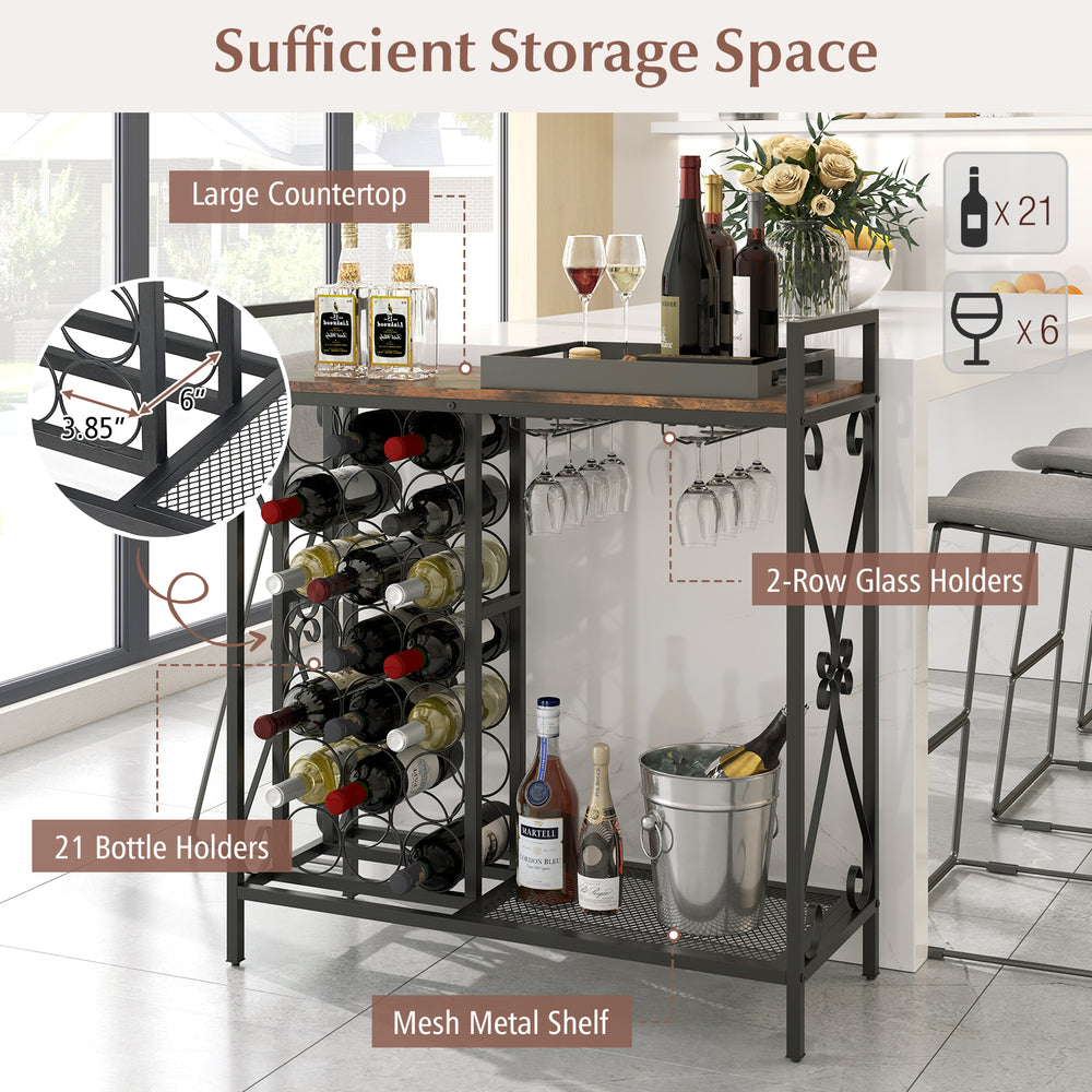 Freestanding wine rack with 21 bottle holders, 2-row glass holders, and large countertop for dining room storage.