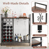 Freestanding wine rack with 21 bottle capacity, rustic brown finish, glass holder, and adjustable footpads for.