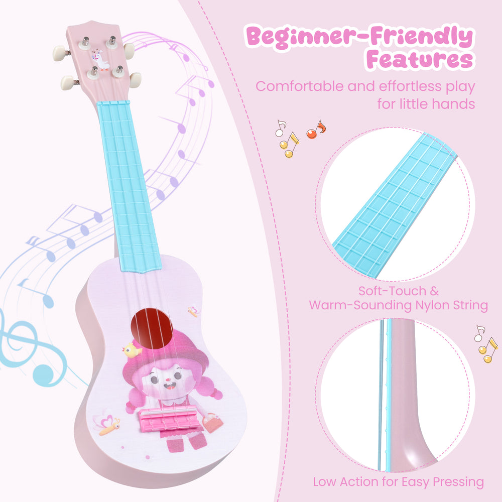 21-inch children mini ukulele with soft-touch nylon strings and cute patterns, designed for comfortable play for kids.
